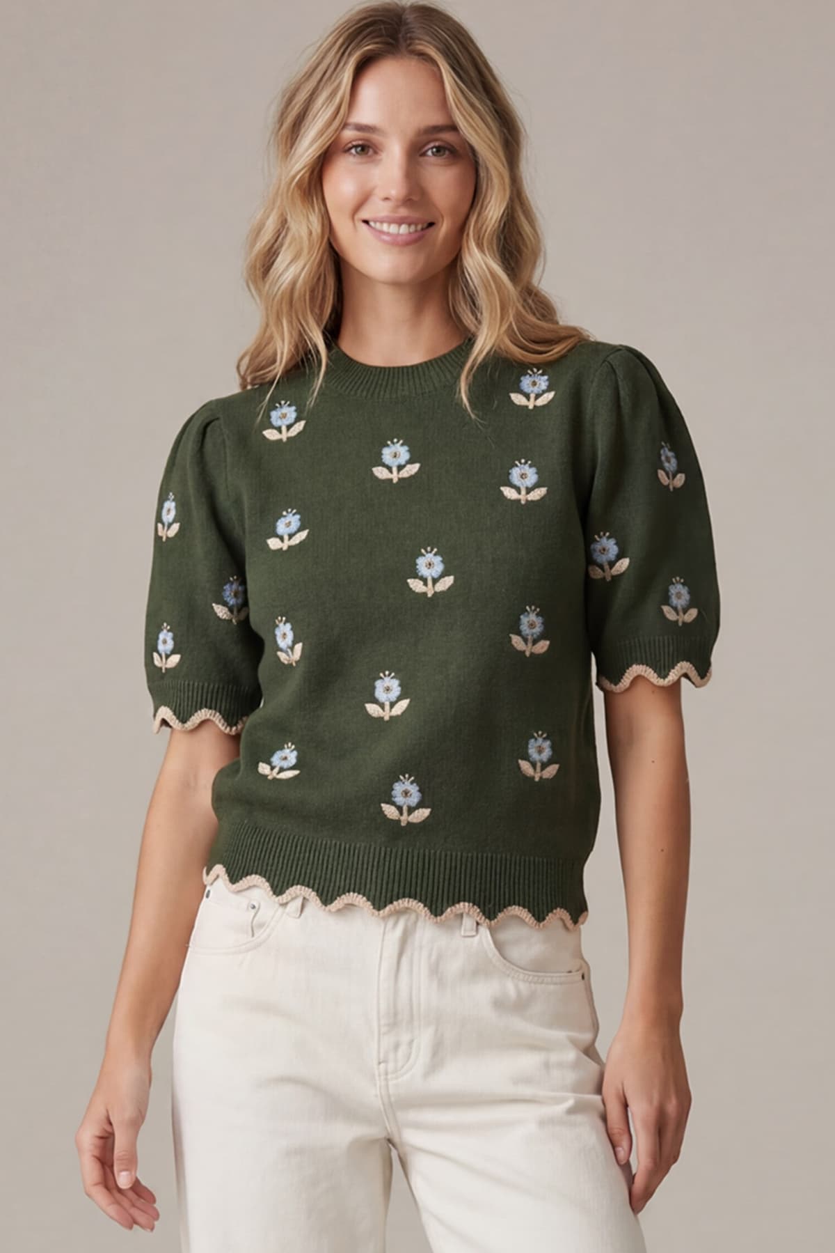 Women's Sweater | Half Sleeve Flower Embroidery Top