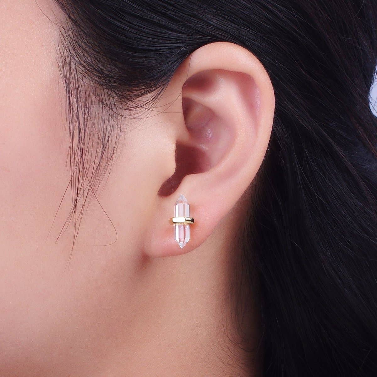 Clear Quartz Stud Earrings | Pointed Wand Gold Minimalist
