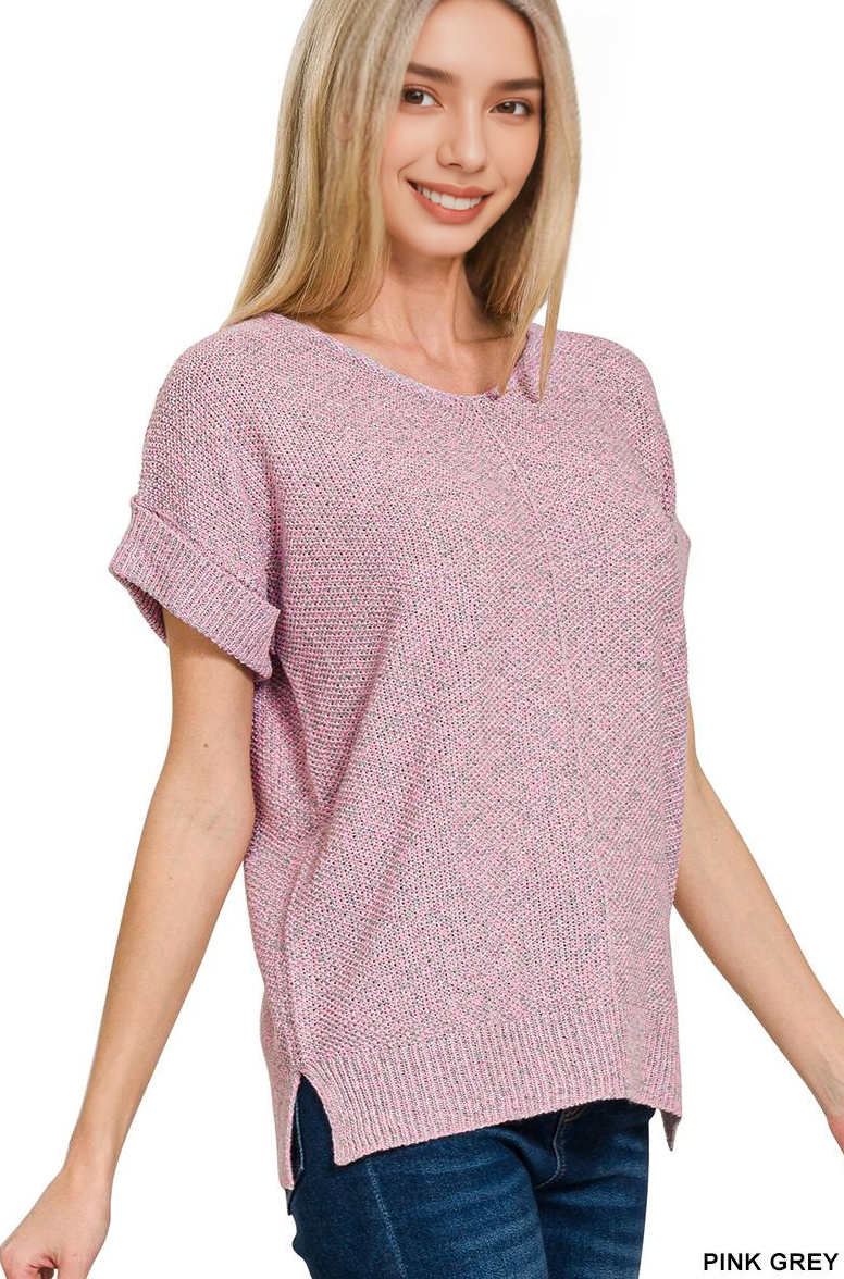 Center Seam Short Sleeve Sweater w/ Side slits