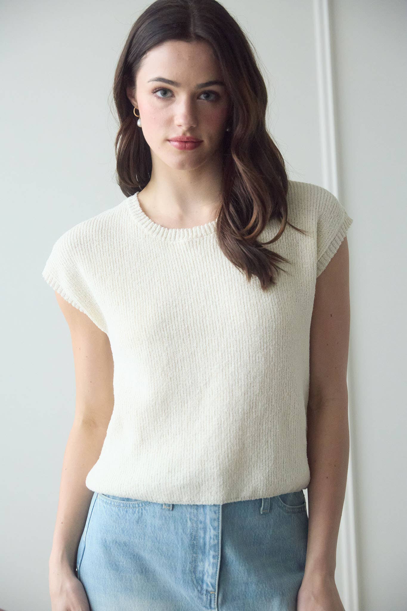 Short Sleeved Sweater | Back Tie Sheer Bow Cream