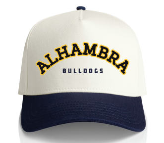 Alhambra Hat | Cream and Navy with Alhambra Bulldogs (right side up)
