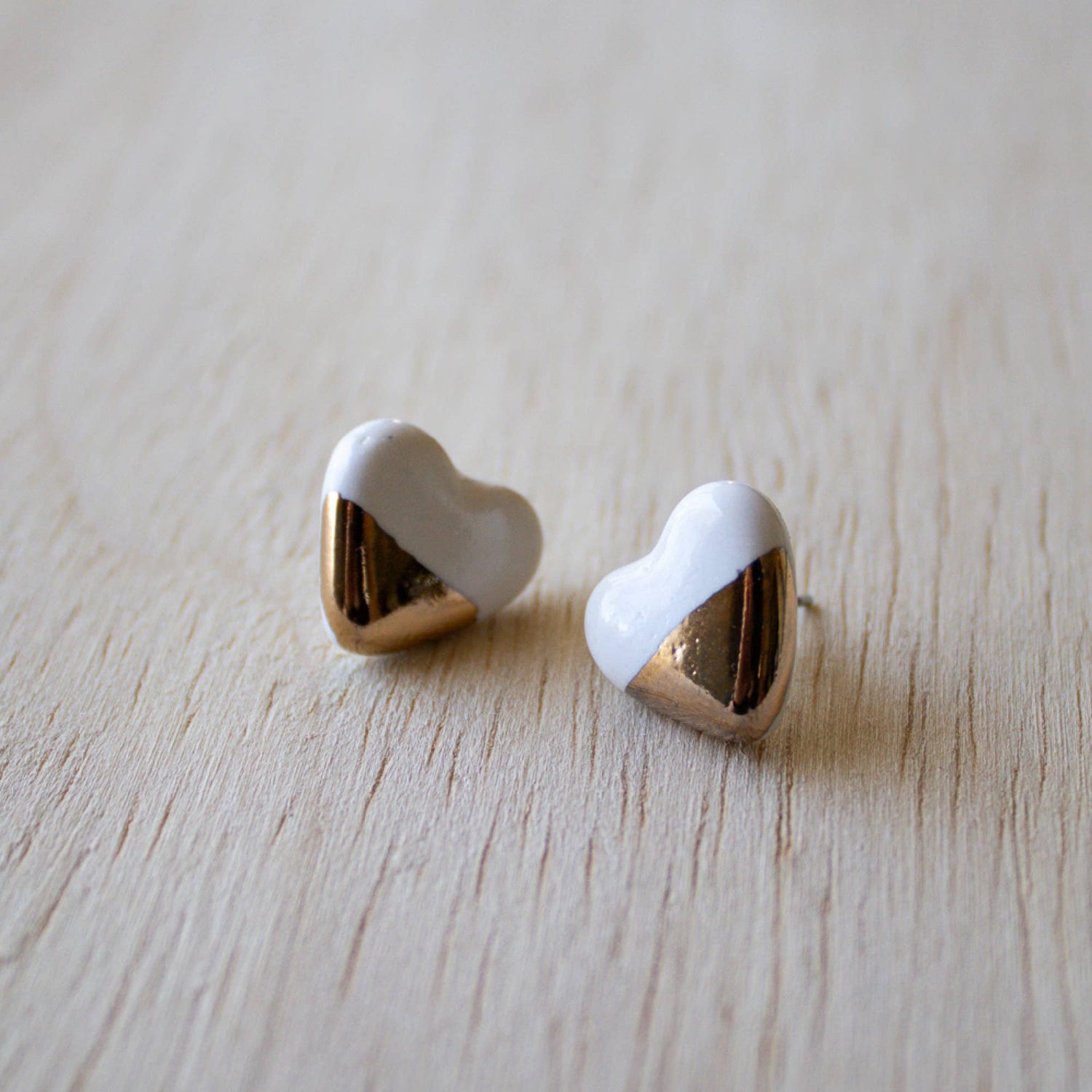 Ceramic Earrings | White and Gold Studs Small Hearts