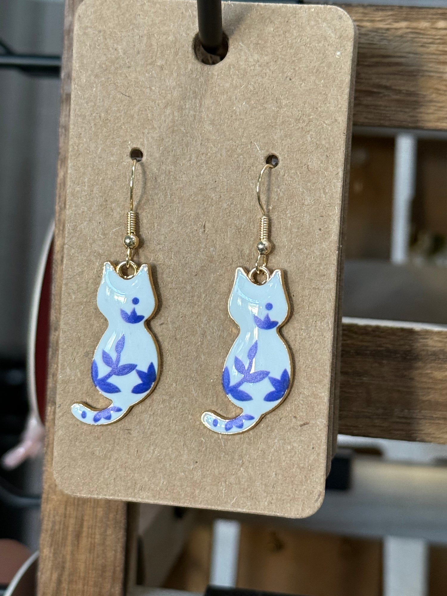 Dangle Earrings | Blue & White Cats