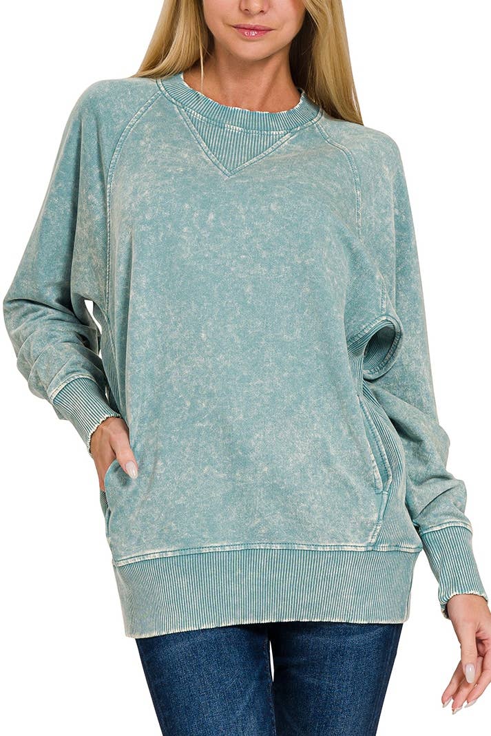 Women's Sweatshirt | Acid Washed French Terry Pullover With Pockets