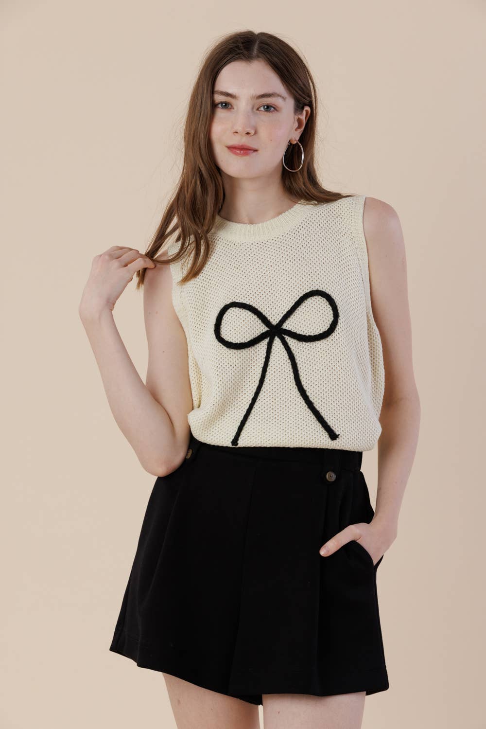 Women's Sleeveless Embroidered Sweater Tank | Ribbon Bow