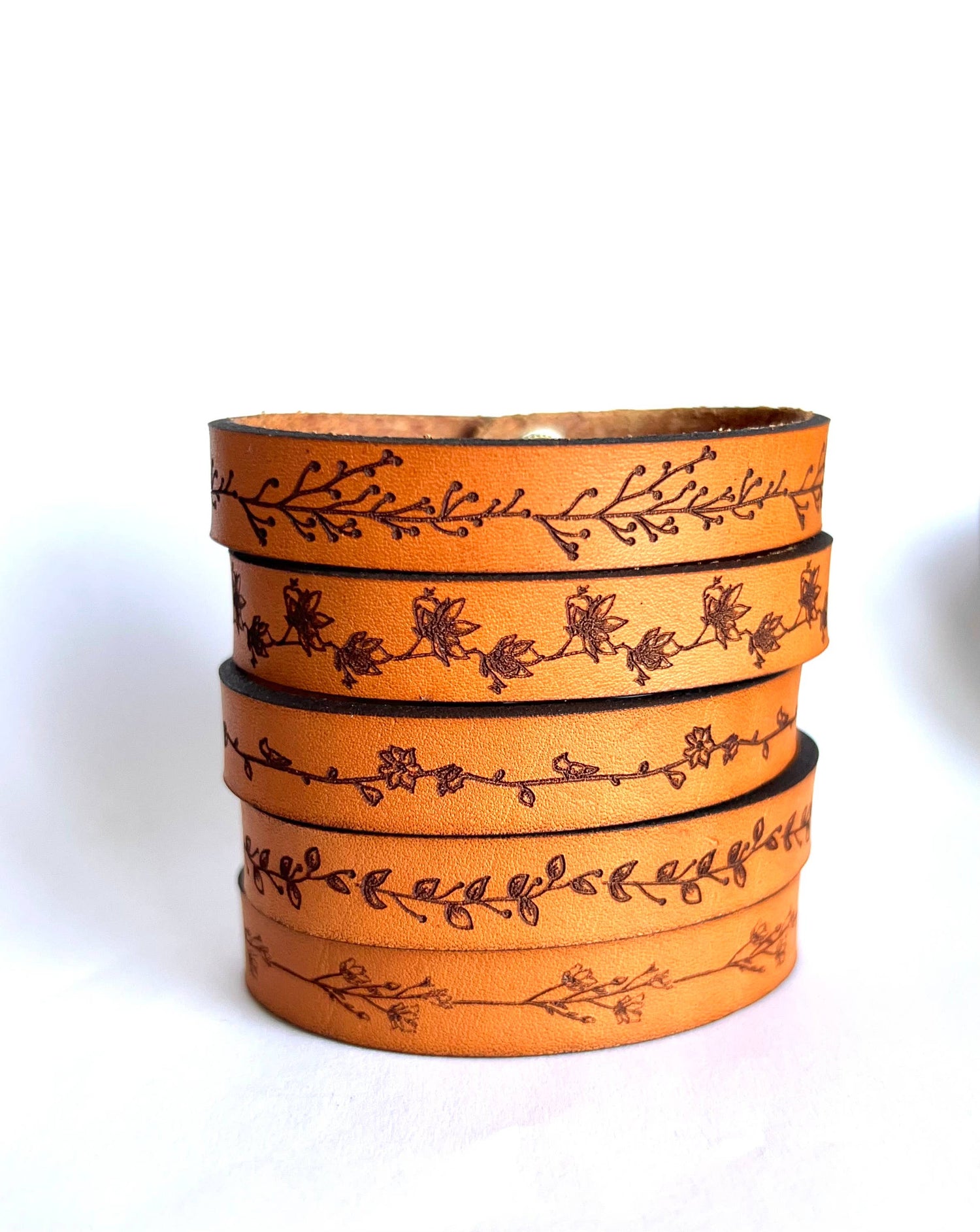 Floral Leather Snap Bracelet - Engraved Leather Cuff