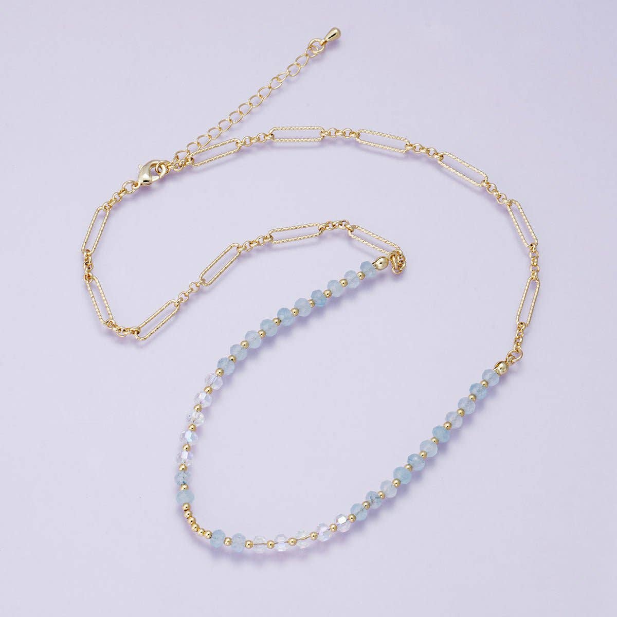 24K Gold Filled Aquamarine Multifaceted Gemstone Ball Paperclip Chain Half 18 Inch Necklace w. Extender | WA-04228