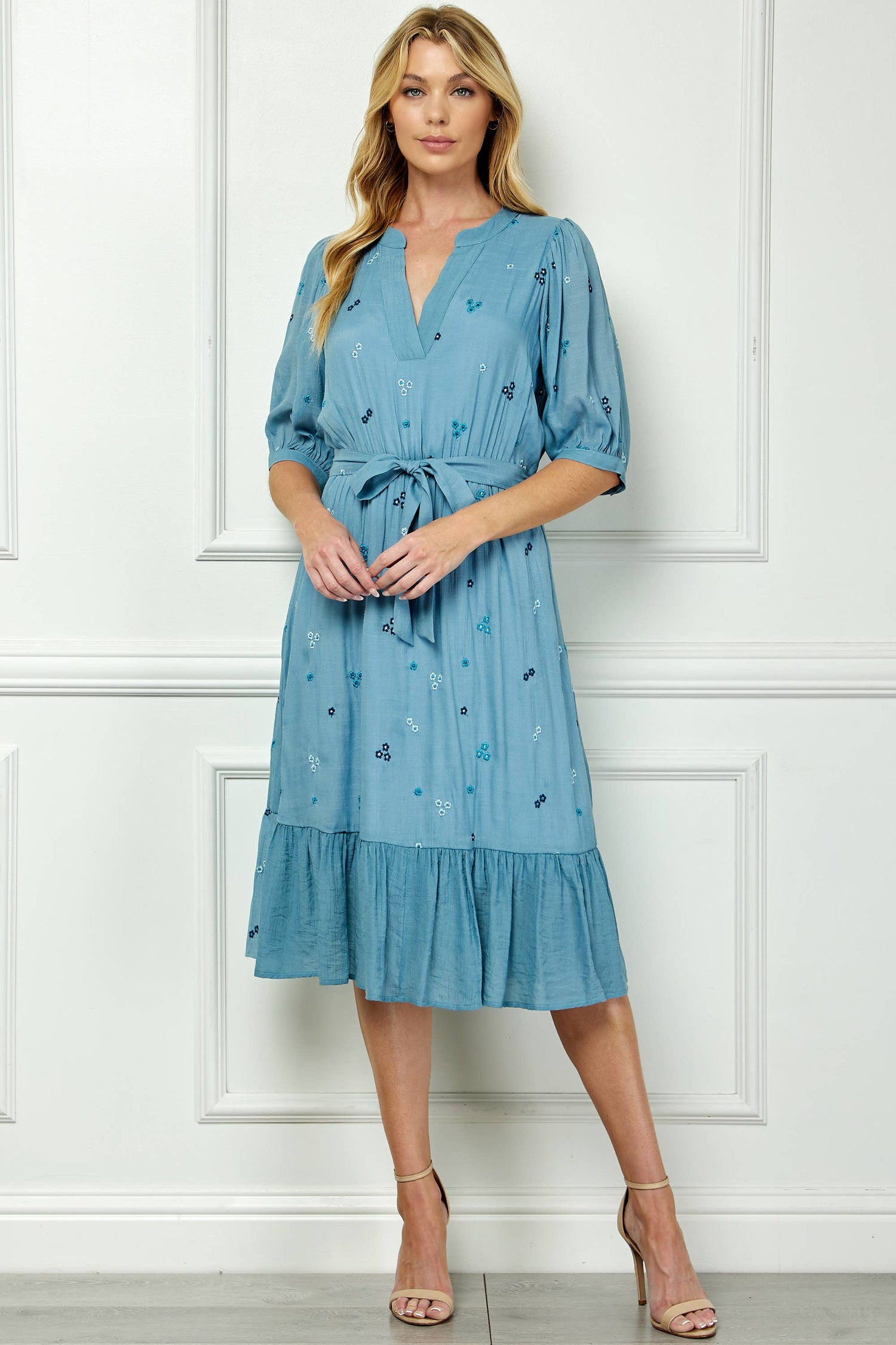 V-Neck Dress | Blue Embroidered