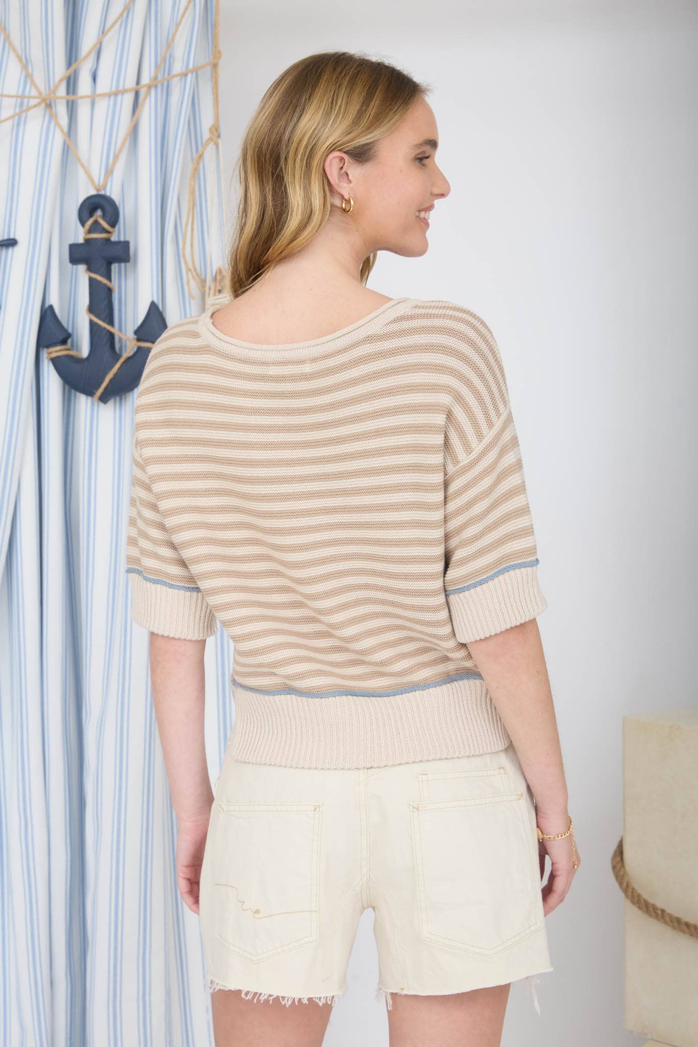 Women's 3/4 Sleeve Length Sweater | STRIPE RAW EDGE DETAIL