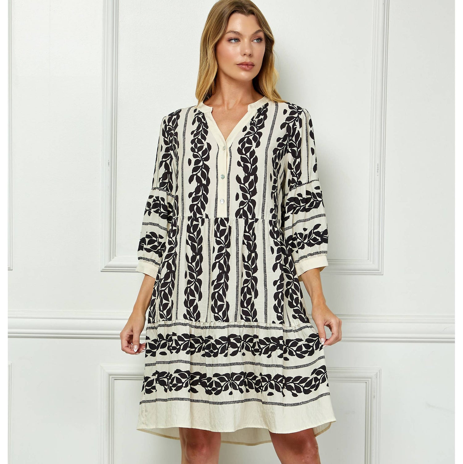 MIDI DRESS | LEAF PRINT AND COLLARED NECK