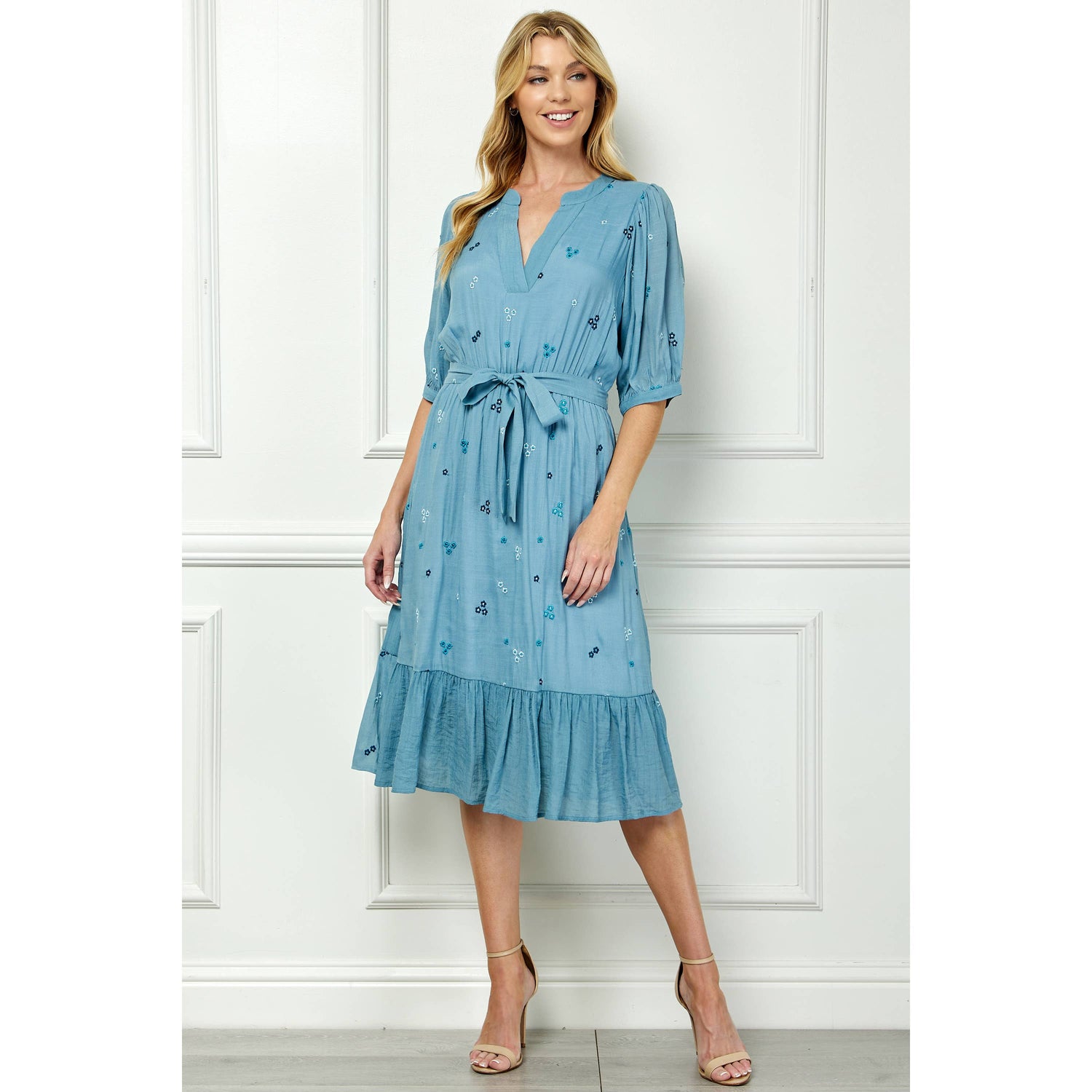 V-Neck Dress | Blue Embroidered