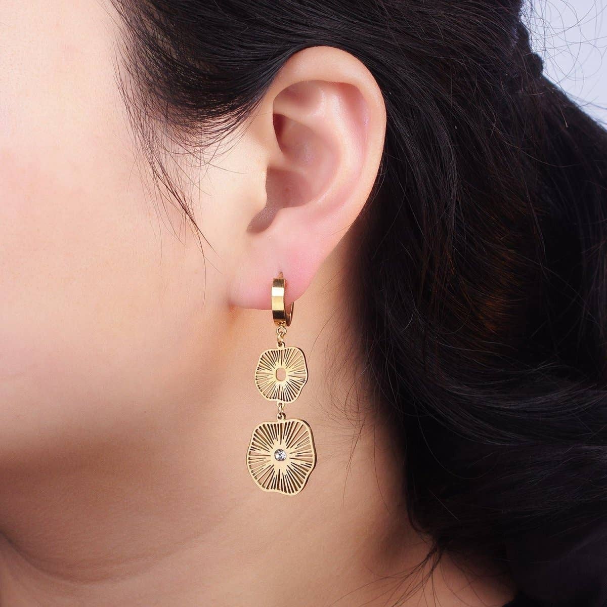 Sunburst Statement Earrings | Stainless Steel Double Open CZ Sunburst Lined Geometric Drop Huggie