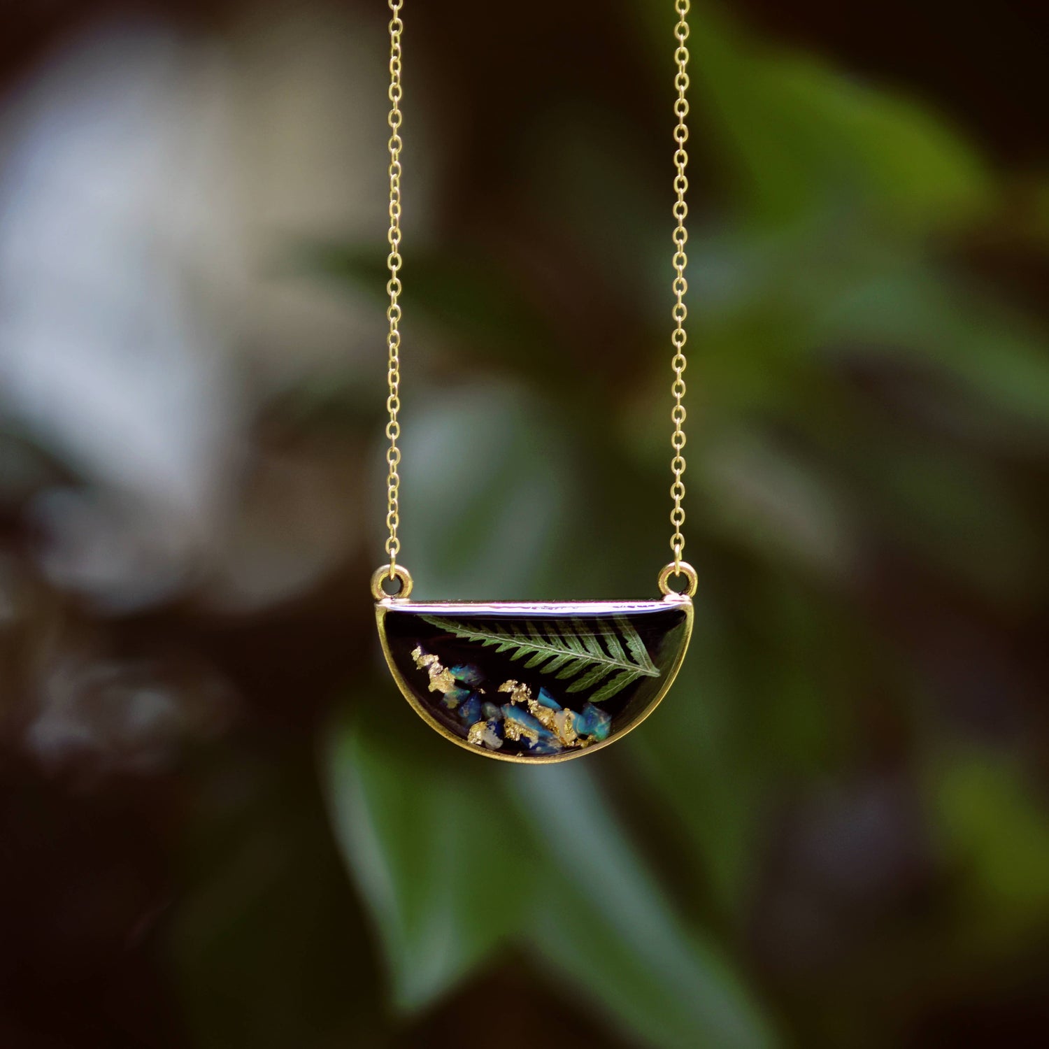 Necklace | The Goldie ~Pressed Fern with Opal accents Pendant