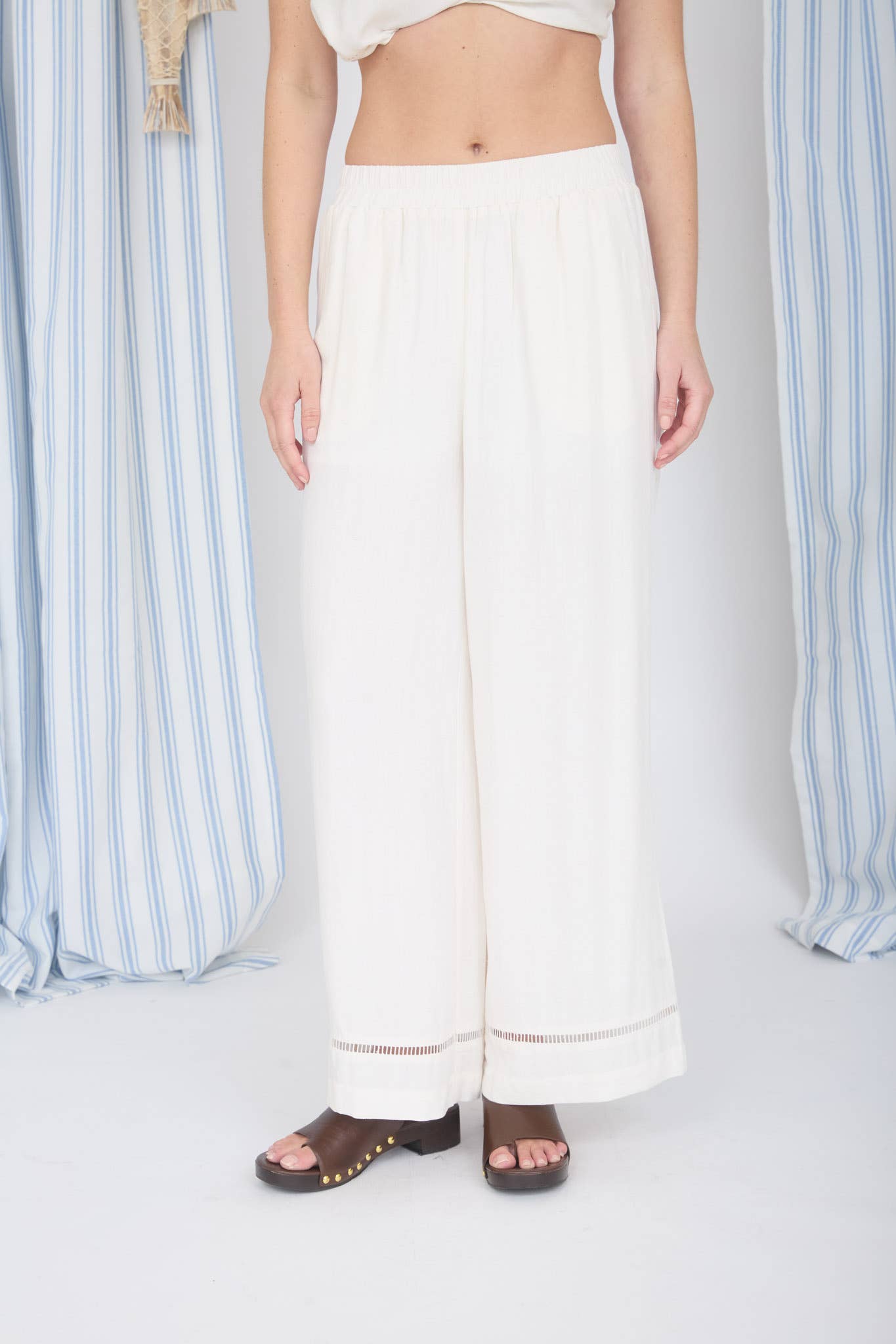 Linen Pants |  Natural Colored Lace Trim Wide Leg