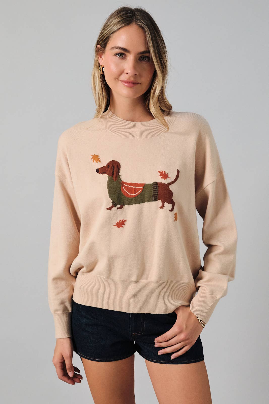 Women's Fall Sweater | Dachshund Dog + Leaves
