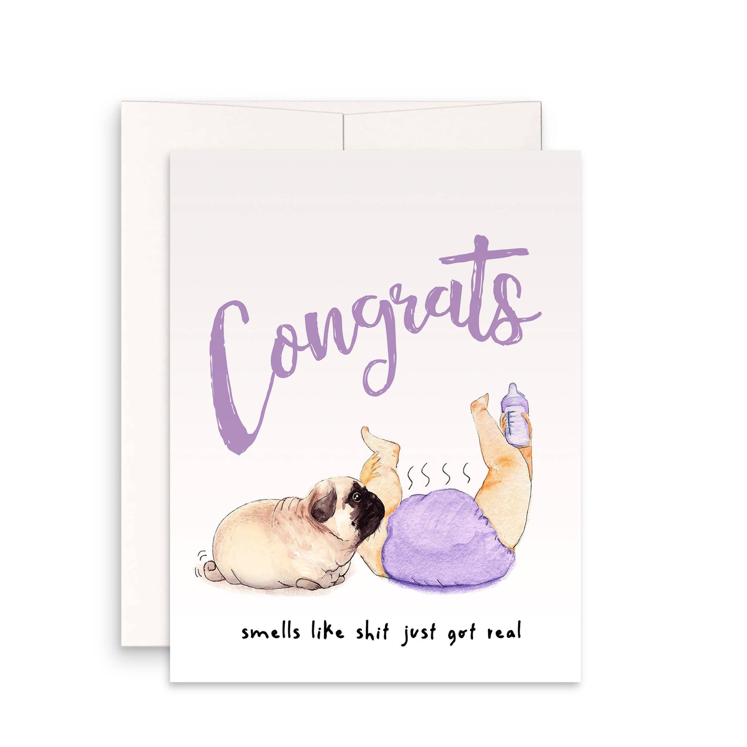New Baby Card | Shit Just Got Real Pug Congrats