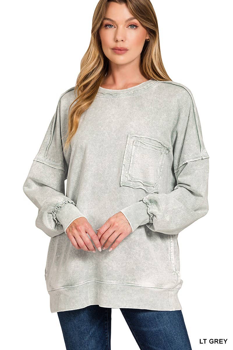 Mineral Washed Sweatshirt | Halo Washed French Terry Exposed-Seam | Light Gray