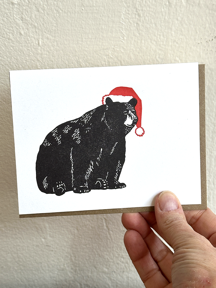 Letterpress Greeting Card | Bear with Santa Hat