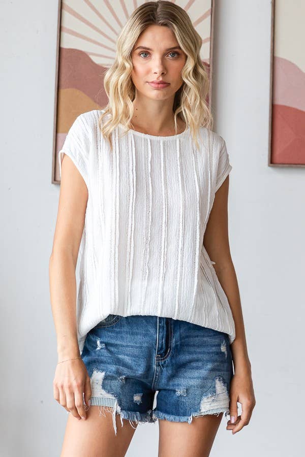 Oversized Blouse | Solid Textured Cap Sleeve Pullover - WHITE