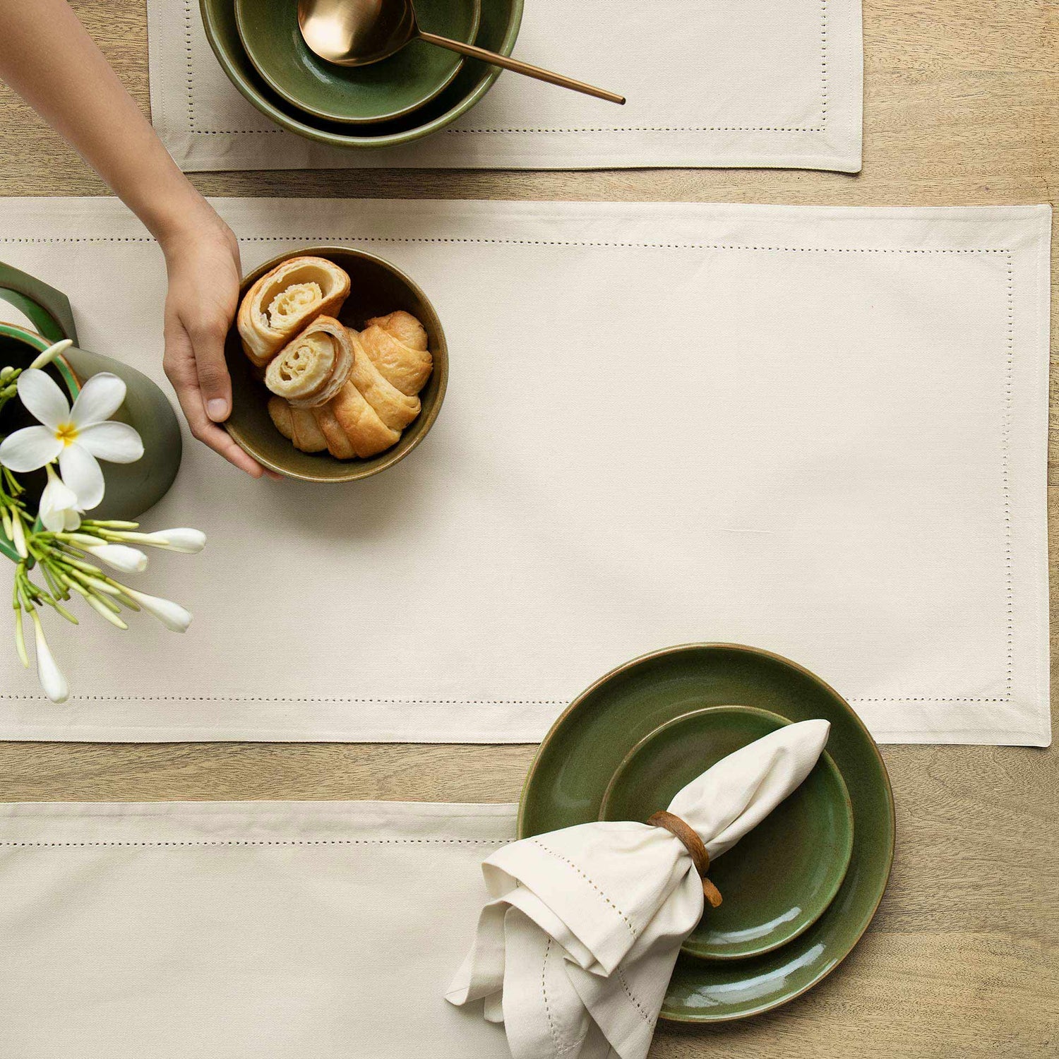 Classic Beige Cotton Table Runner with Border Stitch, 71.6"