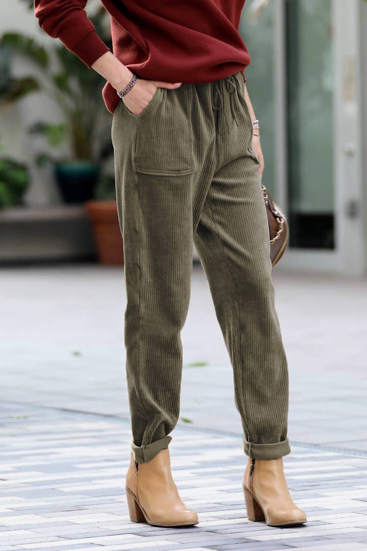 Corduroy Drawstring Cuffed Pants With Pockets