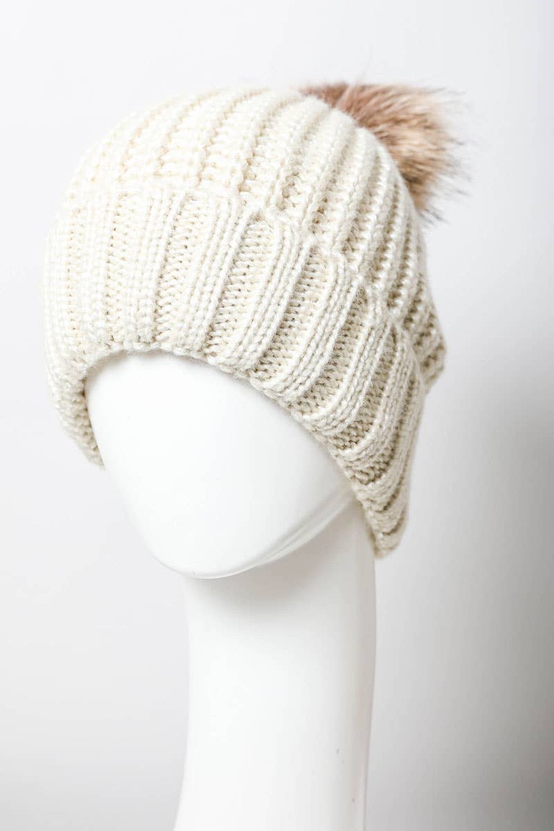 Metallic Rib Knit Pom Beanie with Faux | IVORY