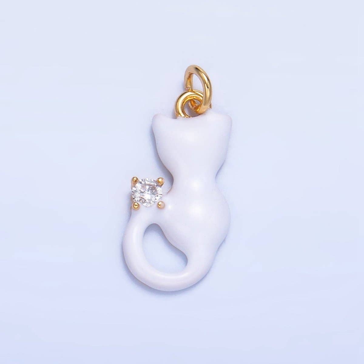 24K Gold Filled Black, White, Pink Enamel CZ Kitten Cat Pet Animal Charm | W009 - W010: White