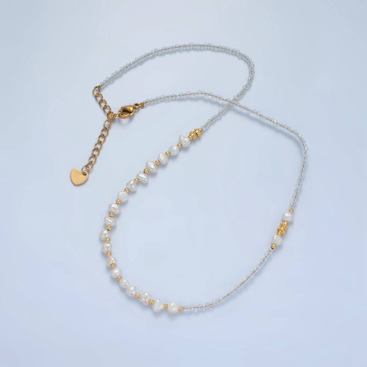 Handmade Necklace | Clear Quartz Beaded Chain Necklace with Freshwater Pearl 15.15 inch