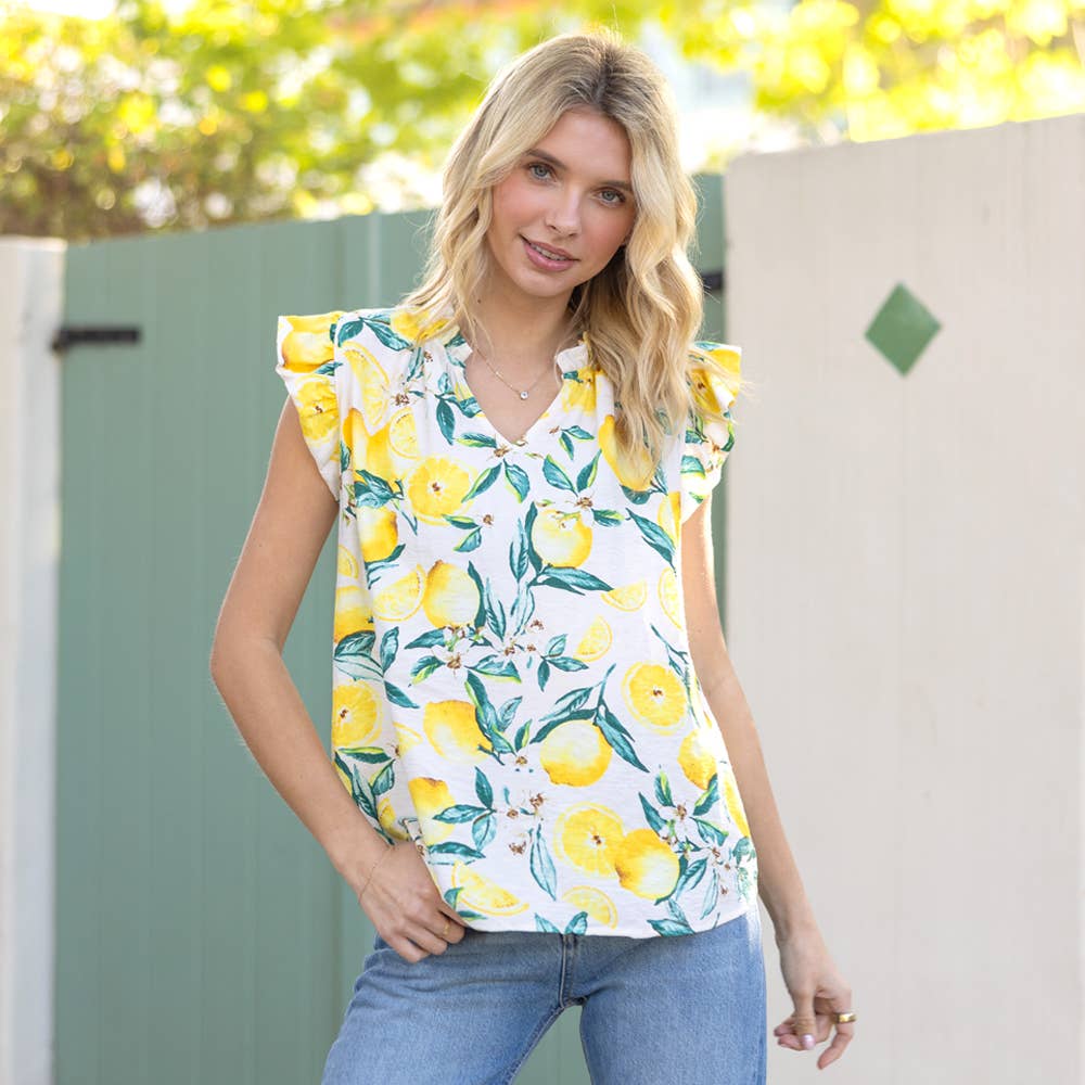 Women's Blouse | Lemon Print V- Neck with Flutter Sleeves