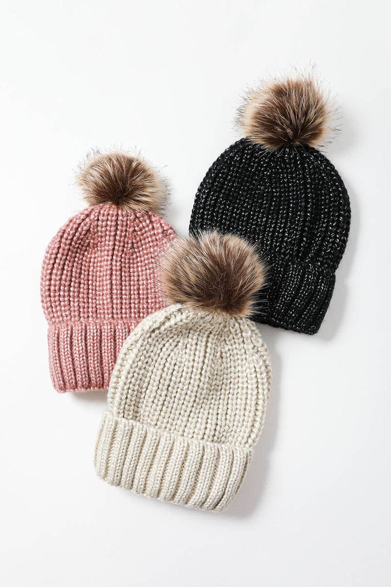 Metallic Rib Knit Pom Beanie with Faux | IVORY