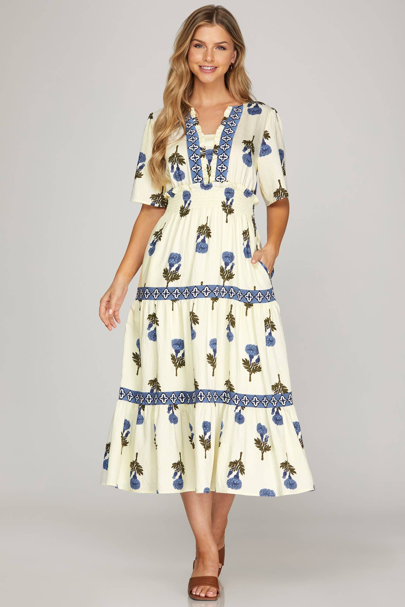 Midi Dress | Cotton Blue Folk Floral Print Woven Tiered