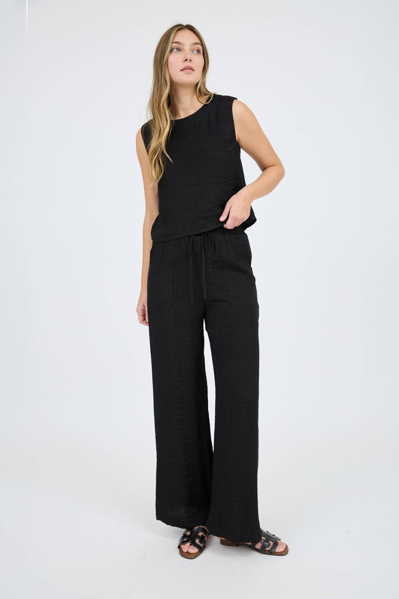 LOUNGE PANTS | BLACK HIGH WAIST DRAWSTRING WIDE LEG