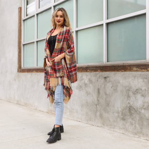 Wrap Ruana Shawl | Multicolor Plaid Pocket - Khaki/Red