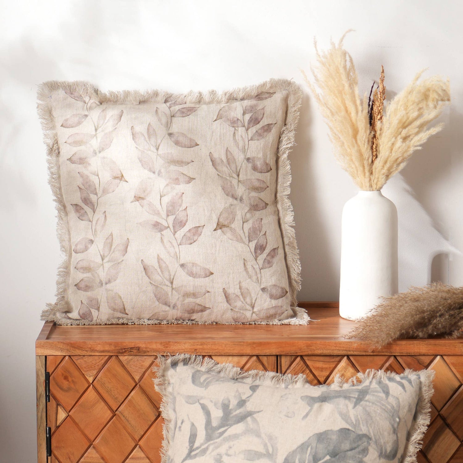 Linen Throw Pillow | Printed Pillow Fringes | 18X18"