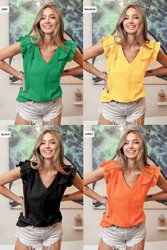 Ruffle Edged Wrinkle Gauze V-Neck Top - Black