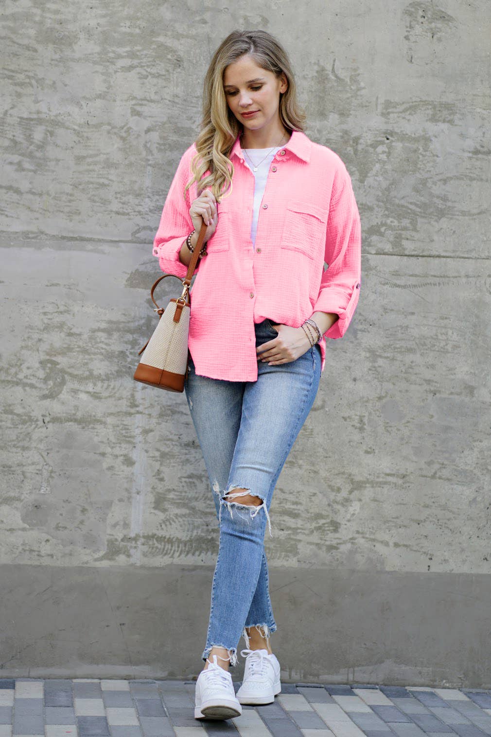 Long-Sleeved Gauze Top | Double Gauze Button Down Roll Up Long Sleeve Shirt