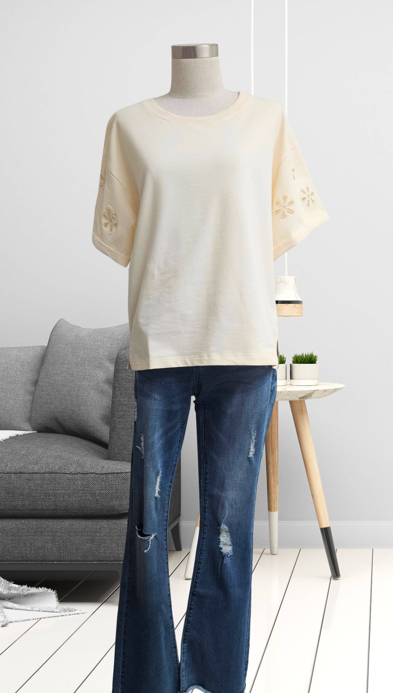 Women's Top | Soft Yellow Floral Laser Cut