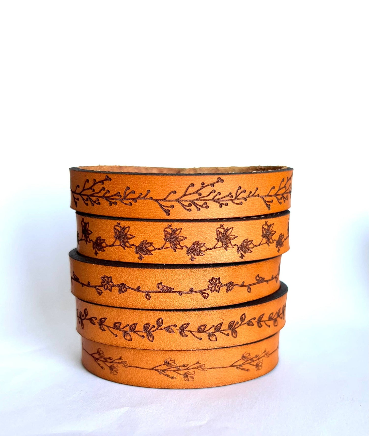 Floral Leather Snap Bracelet - Engraved Leather Cuff