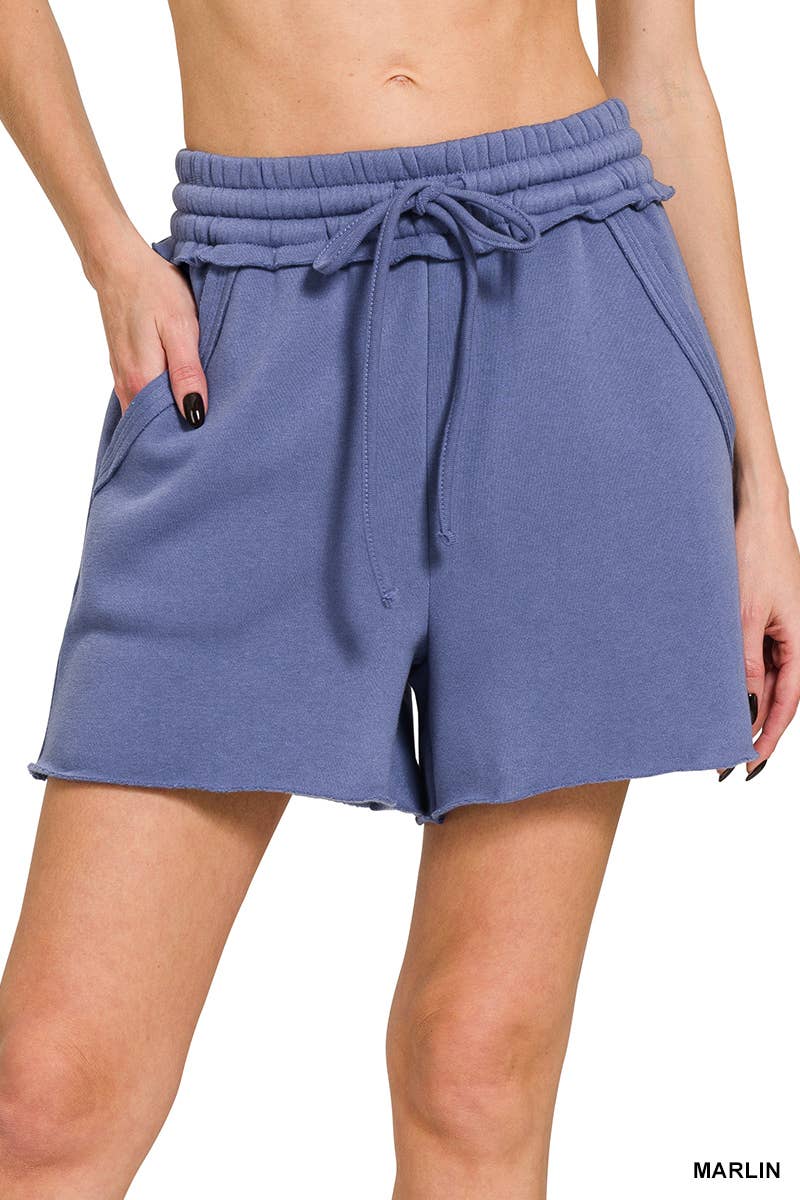 Fleece Raw Hem Shorts | Drawstring & Pockets