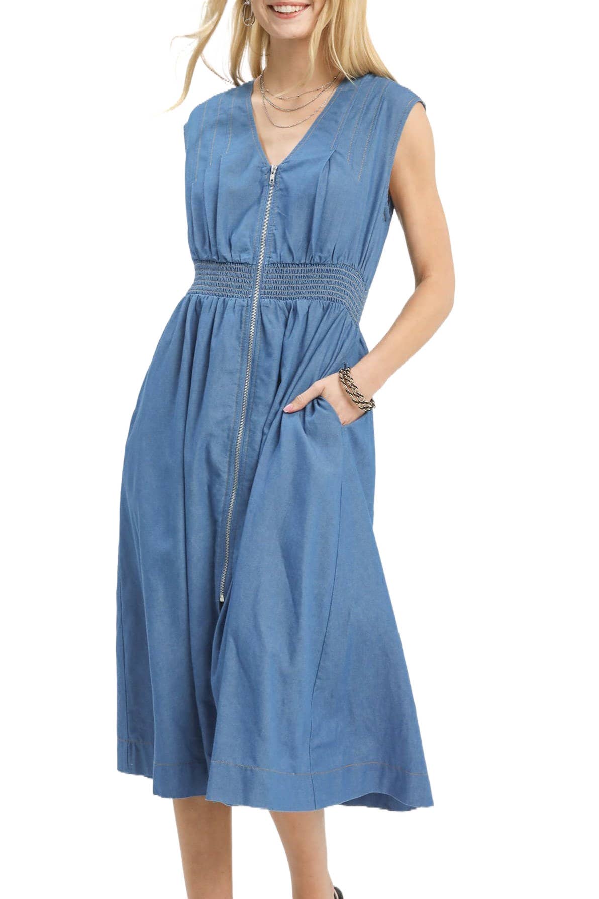 Chambray Zip Front Dress | Sleeveless