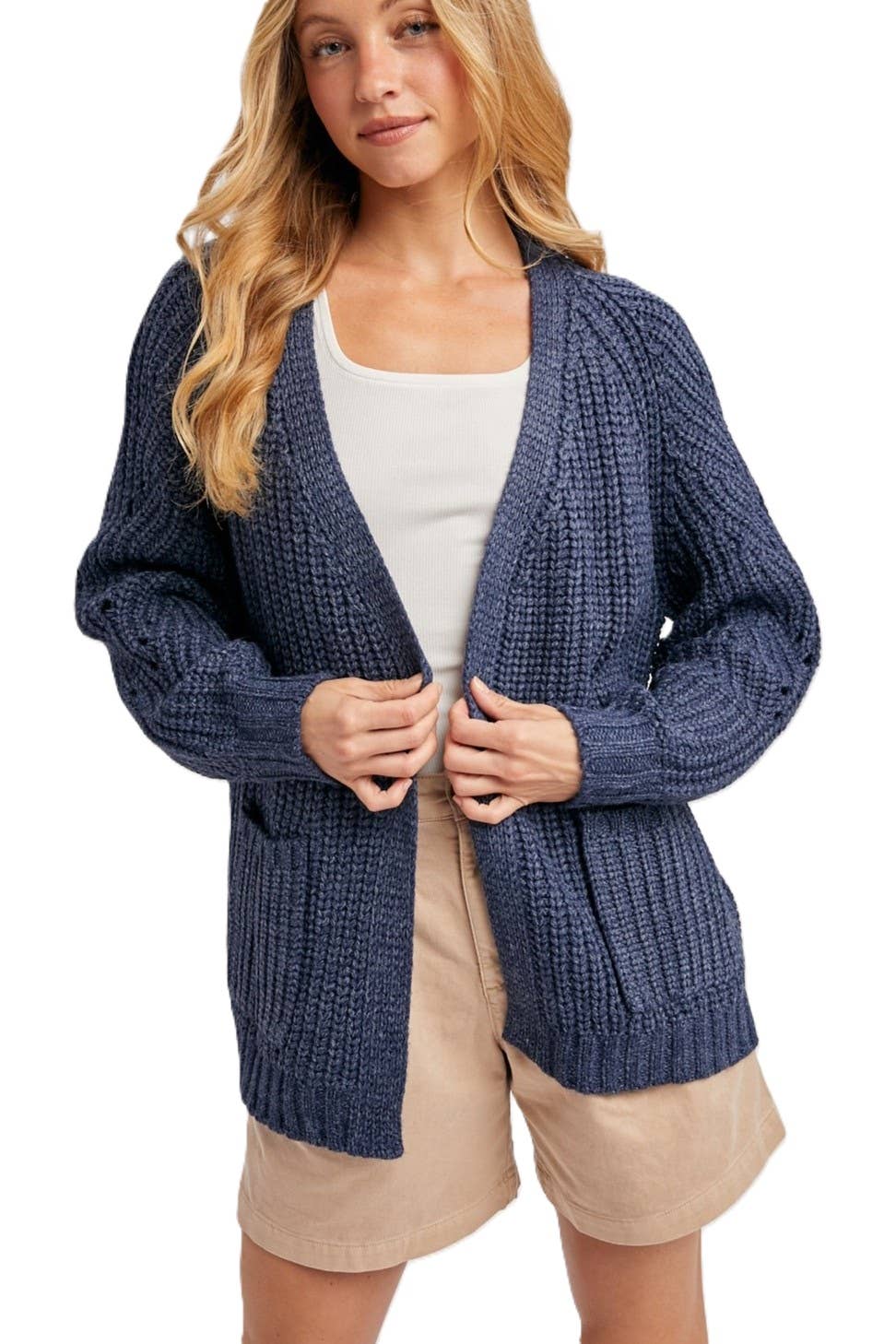 Women's Cardigan | Chunky Pointelle Open Front - Navy