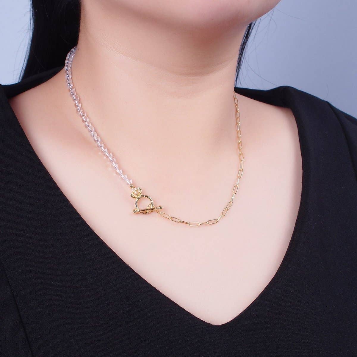 Handmade Necklace | Dainty Half Bead Half Link Chain Necklace, 24k Gold Filled Paperclip Chain with Clear Quartz Necklace Toggle Clasp