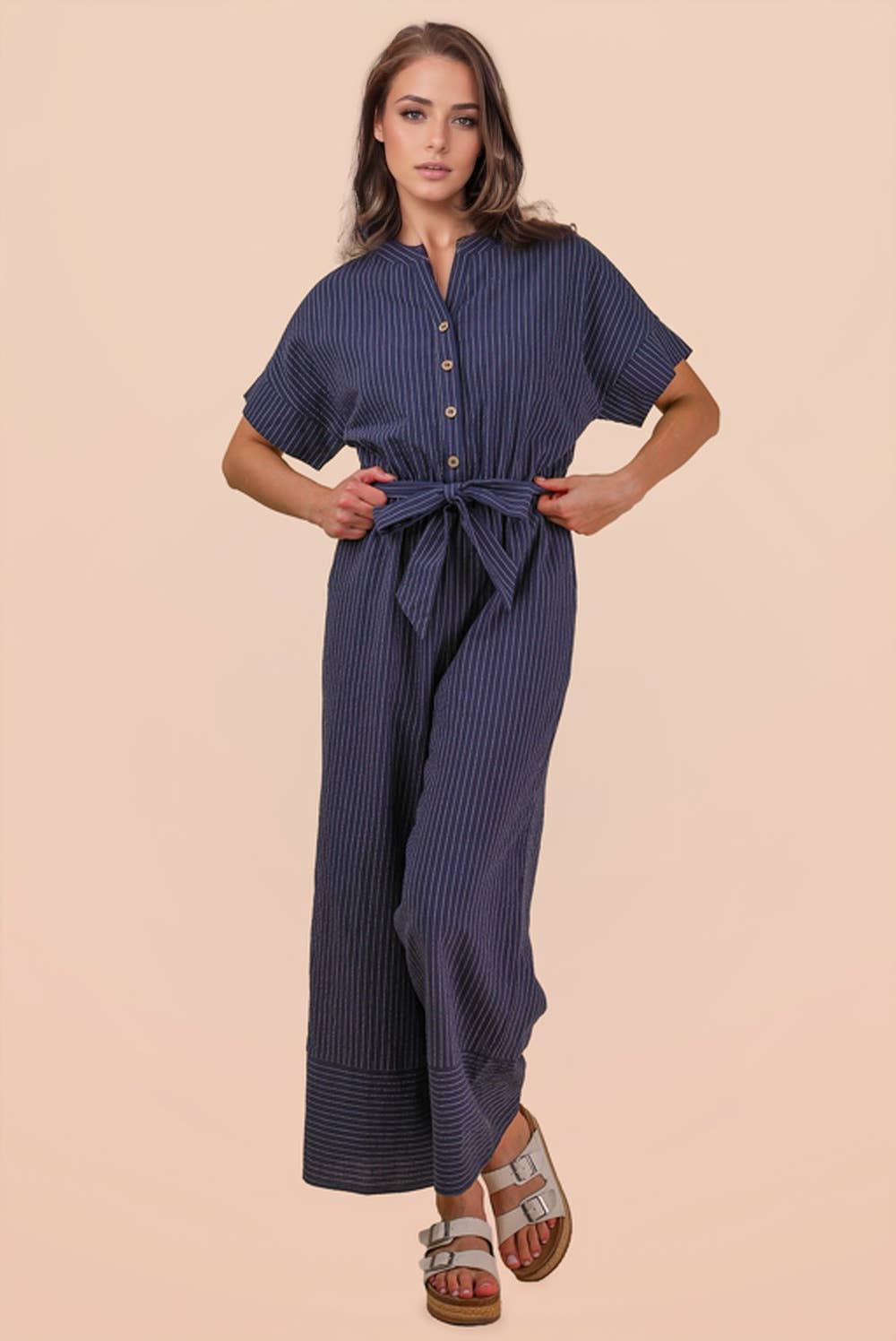 Women's Jumpsuit | Woven Linen Stripe - Navy