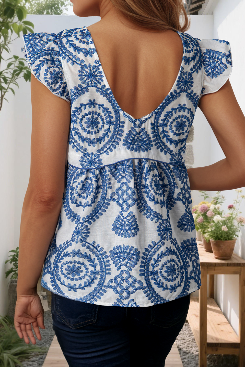 Blouse | Western Print Flutter Sleeve Crew Neck