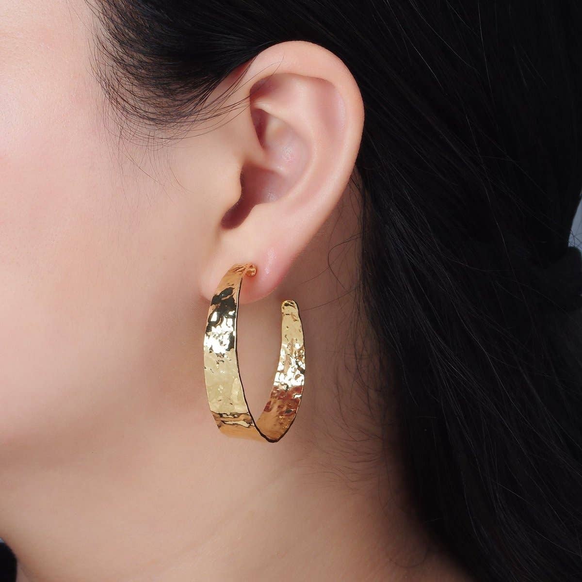 Hammered Hoop Earrings | 14K Gold Filled 40mm Wide Hammered C-Shaped Hoop Earrings