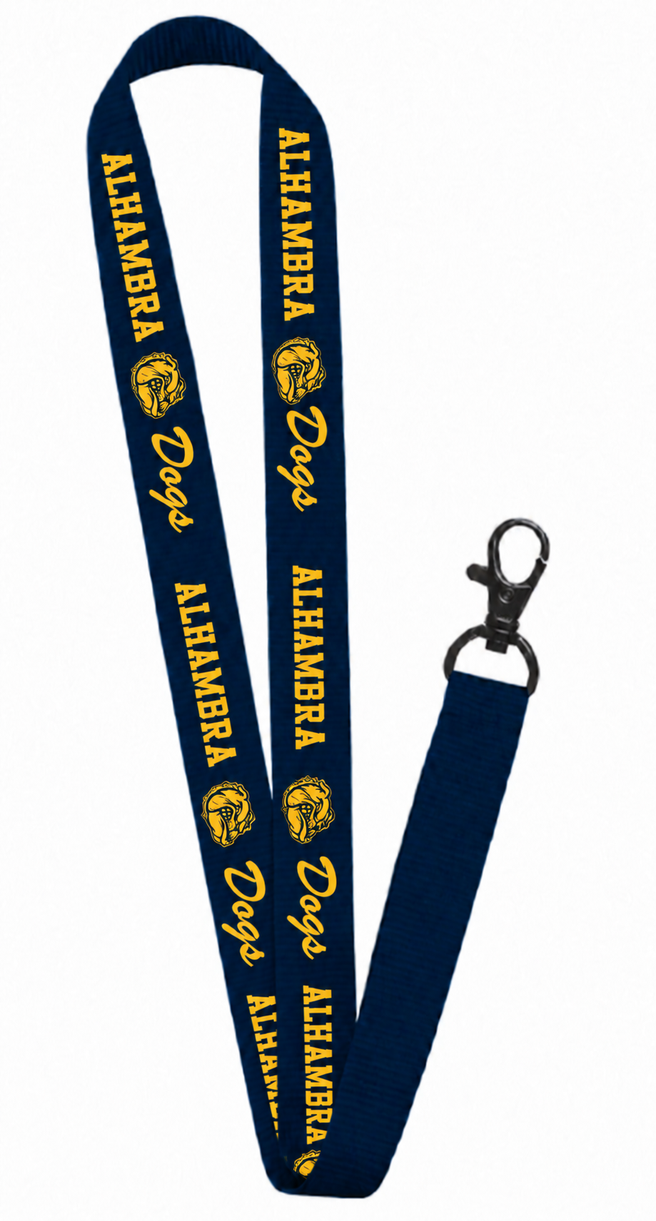 A navy blue fabric lanyard with repeating yellow 'ALHAMBRA Dogs' text and dog head logos, attached to a black metal lobster clasp, shown on a plain white background.