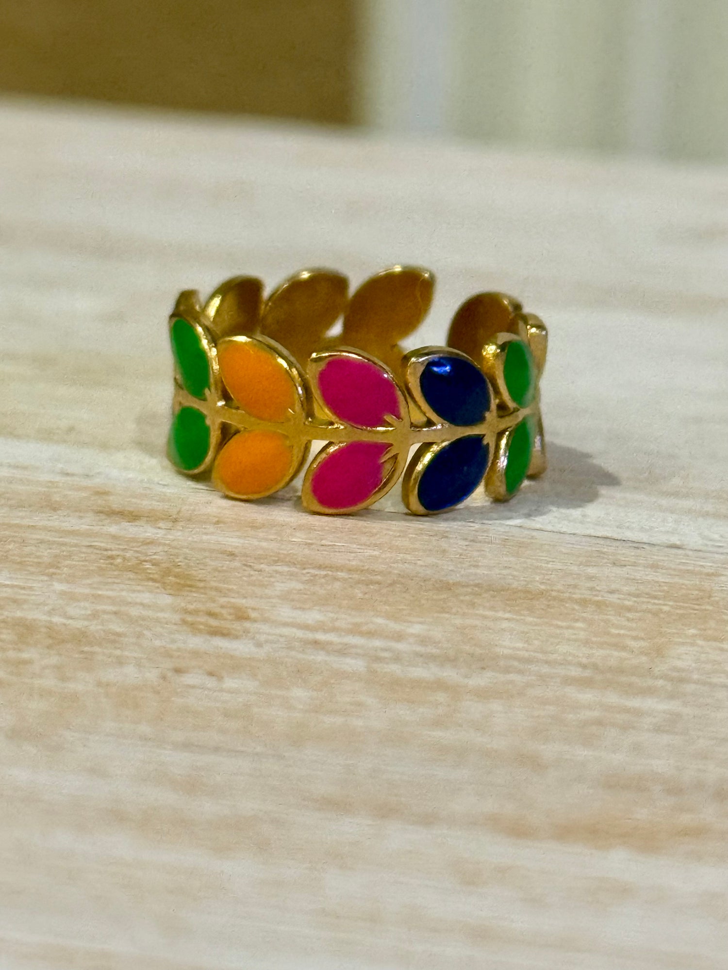 Stainless Ring | Multi Enamel Leaves