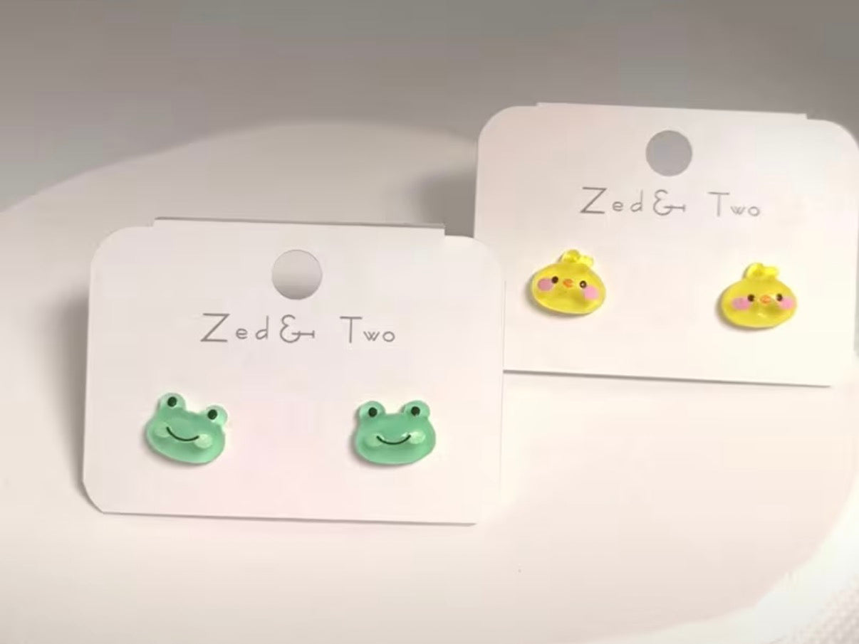 Earrings | Cute Frog And Baby Chick Studs