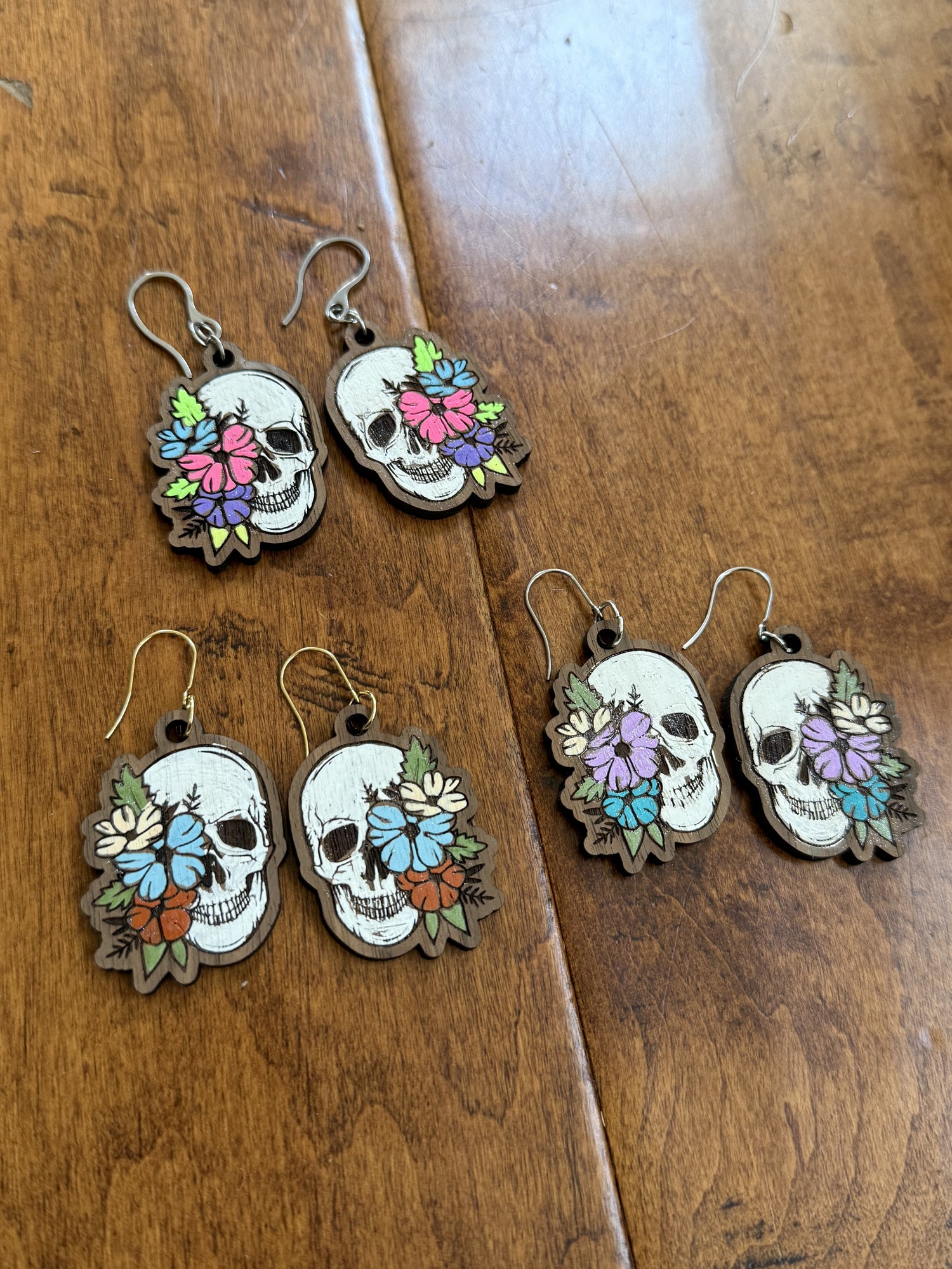 Earrings | Wooden Floral Skulls