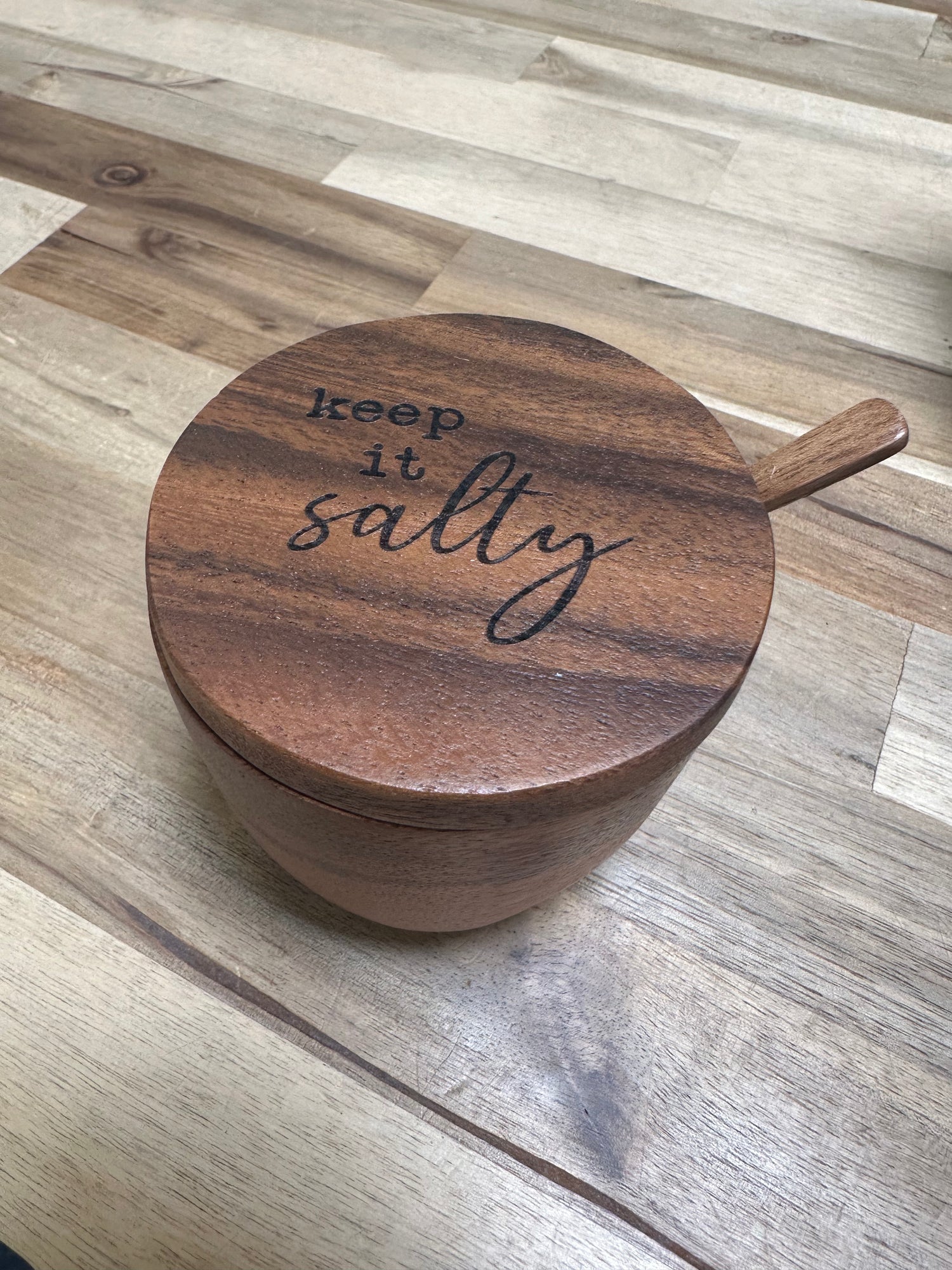"Keep it salty" I Engraved seasoning container with wooden spoon